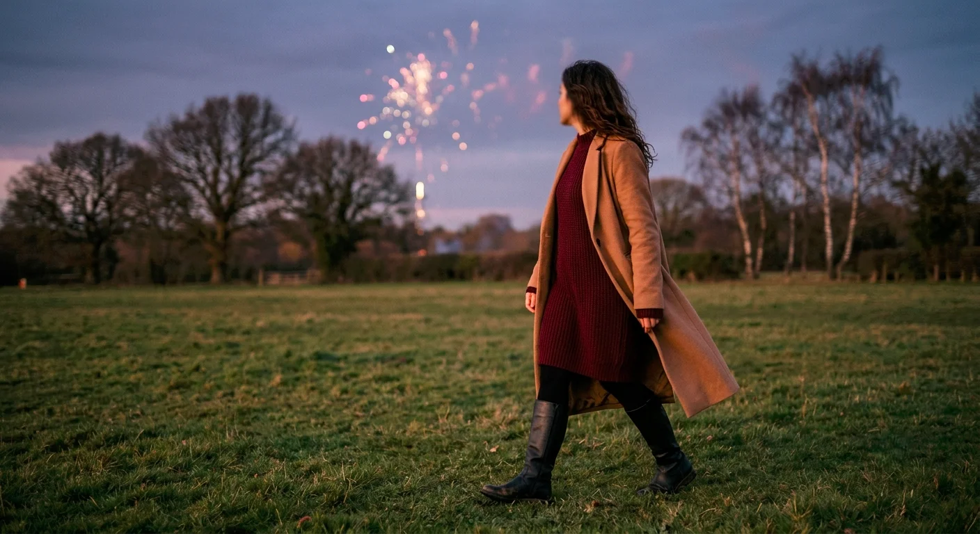 Knit dress with knee-high boots outfit and opaque tights, a cosy Bonfire Night look