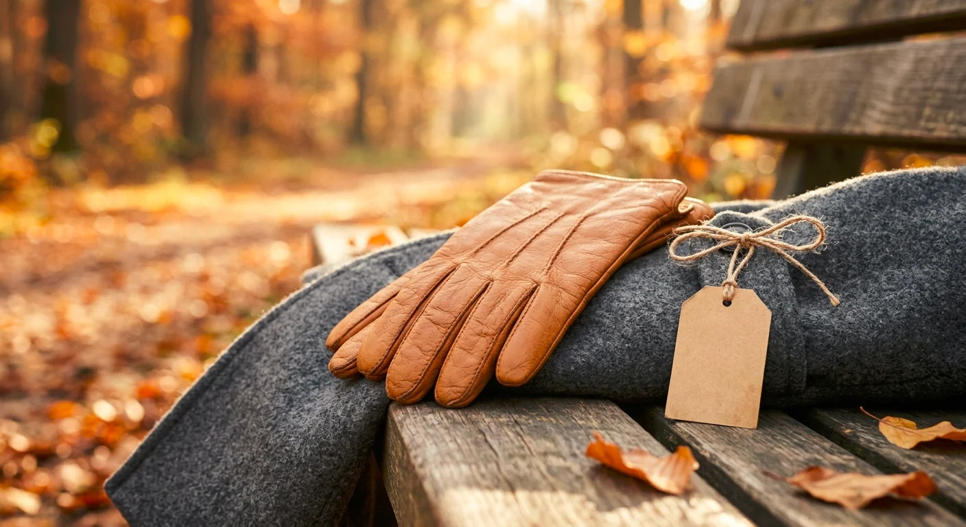 Leather gloves women gift idea: camel lined gloves on a gray wool coat with a small gift tag