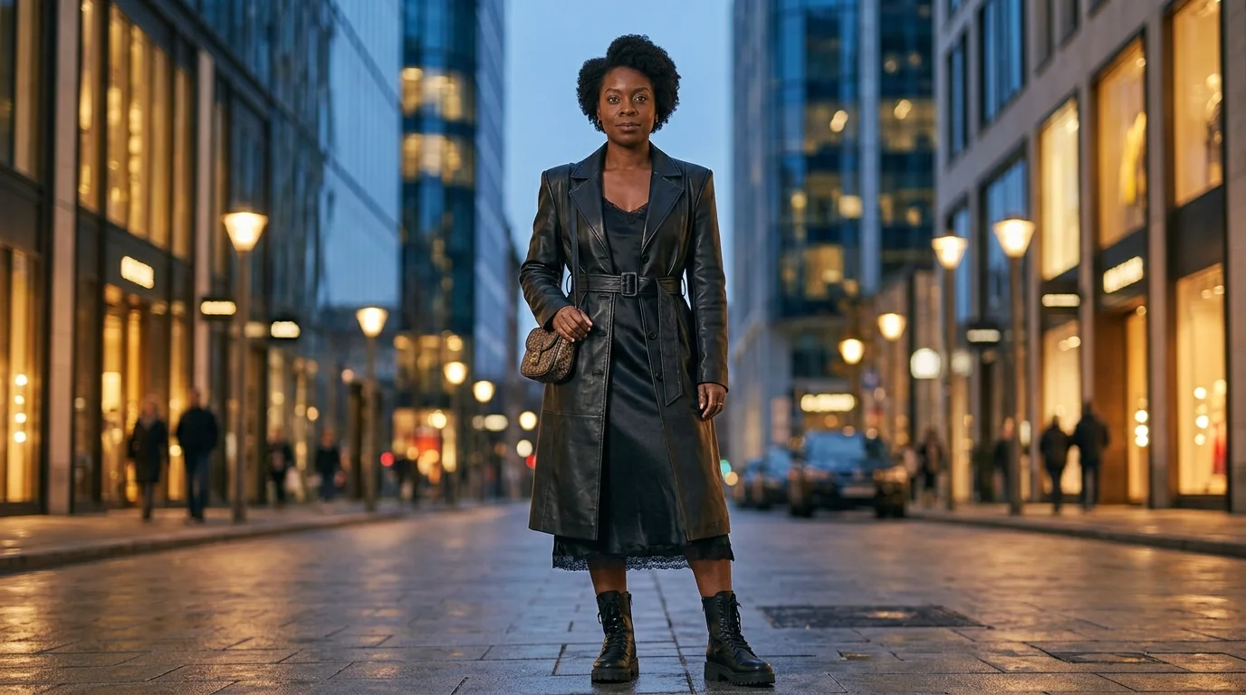 Woman in belted black leather trench coat over a slip dress with chunky boots, leather trench coat women 2026