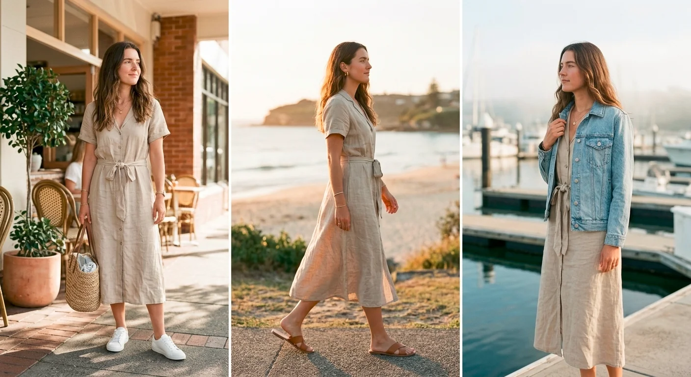 Three linen dress outfit ideas for spring in Australia: day, dinner and cool morning looks with sandals and denim jacket