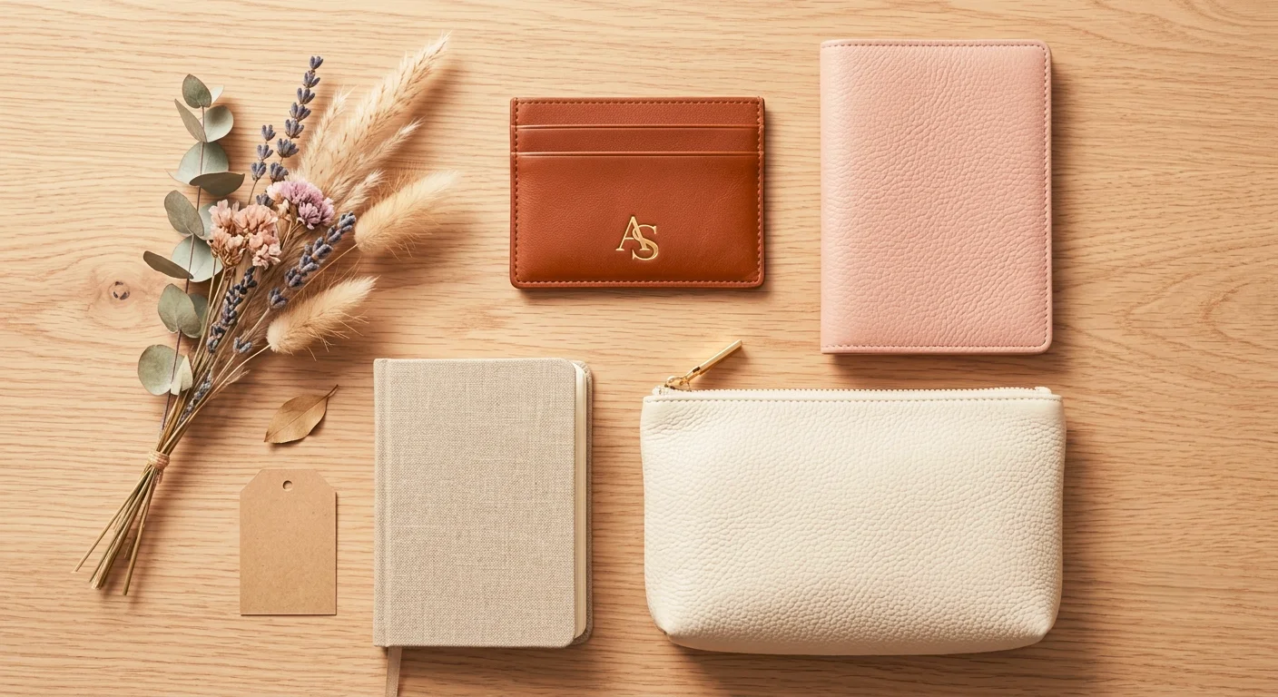 Monogrammed accessories for women including a leather card holder, passport cover and makeup pouch on a desk