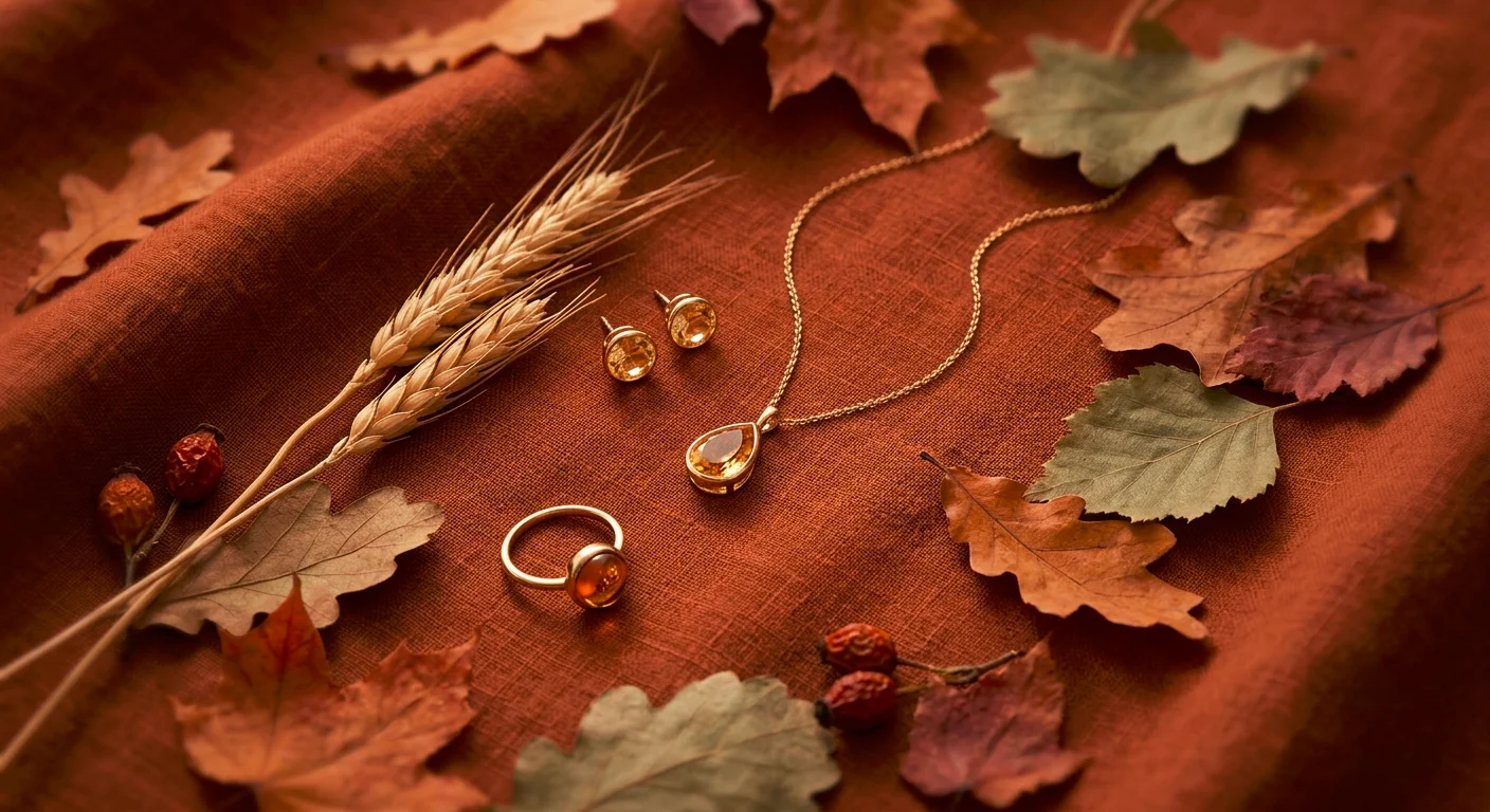 November birthstone gift ideas with citrine pendant and topaz earrings on rust linen with dried fall leaves