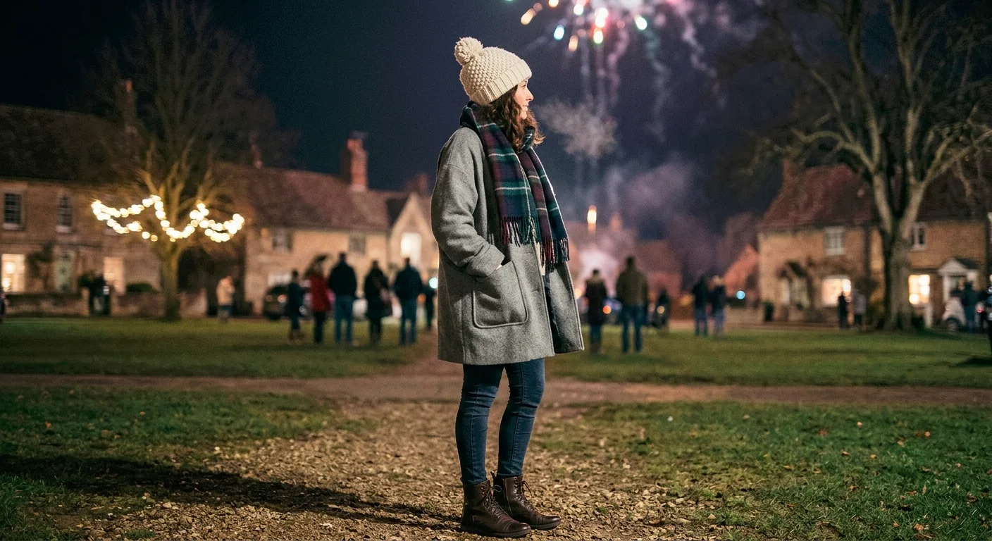 Oversized coat outfit with bobble hat and scarf, a warm winter layering look for fireworks night