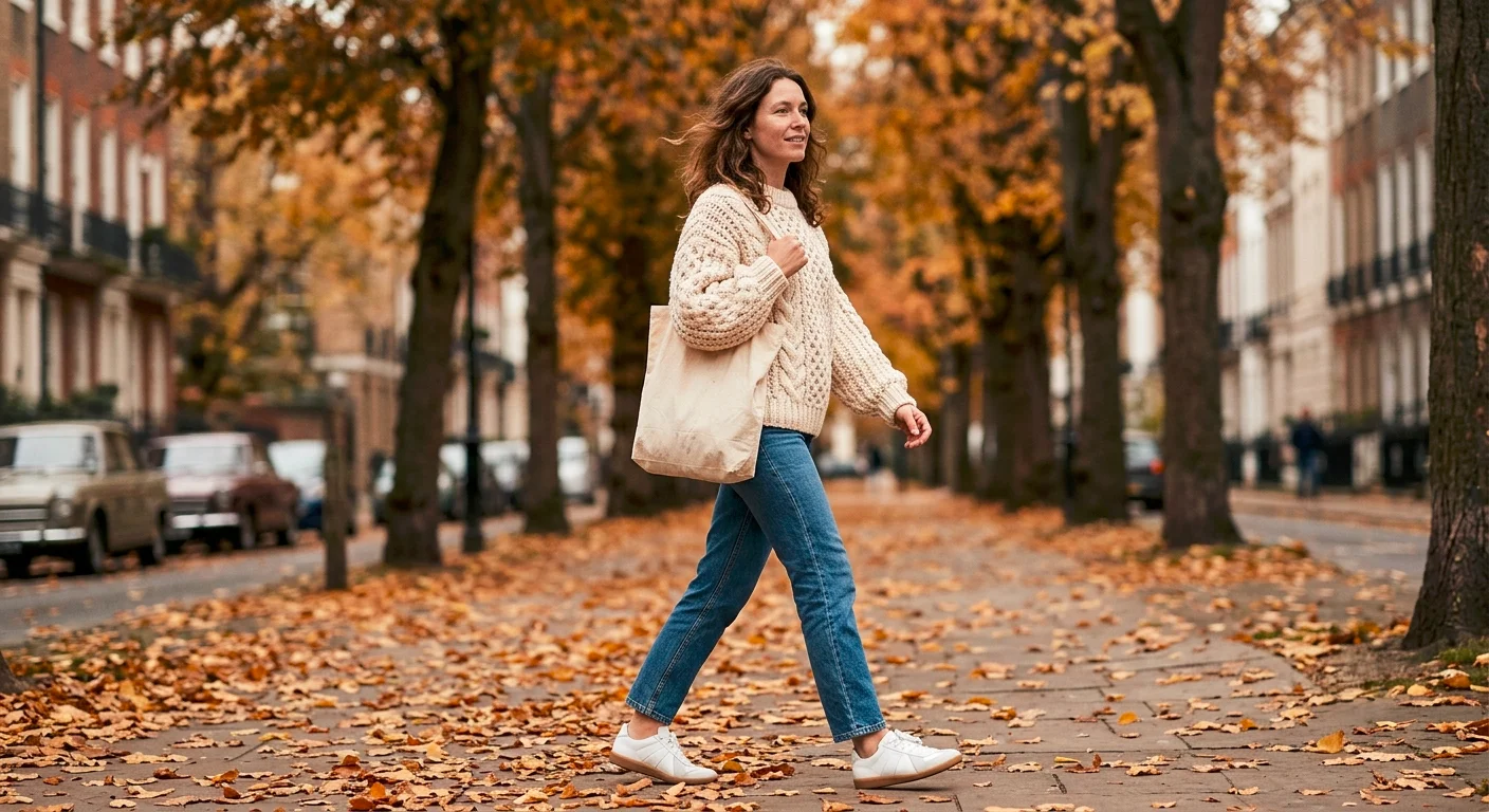 Woman styling an oversized cream chunky knit sweater with straight-leg jeans and white trainers in autumn
