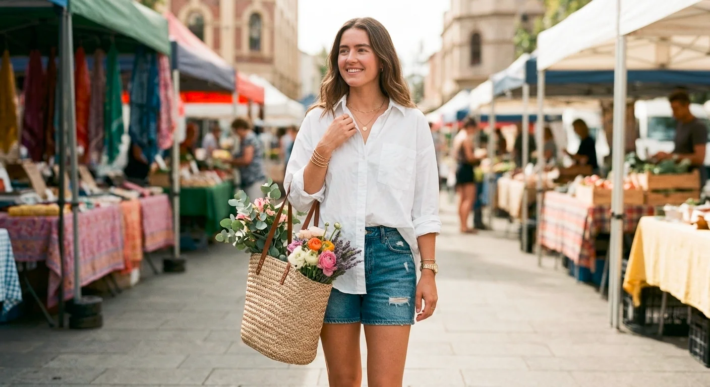 Woman wearing an oversized white shirt and denim shorts outfit with flat sandals at a Saturday market in Australia