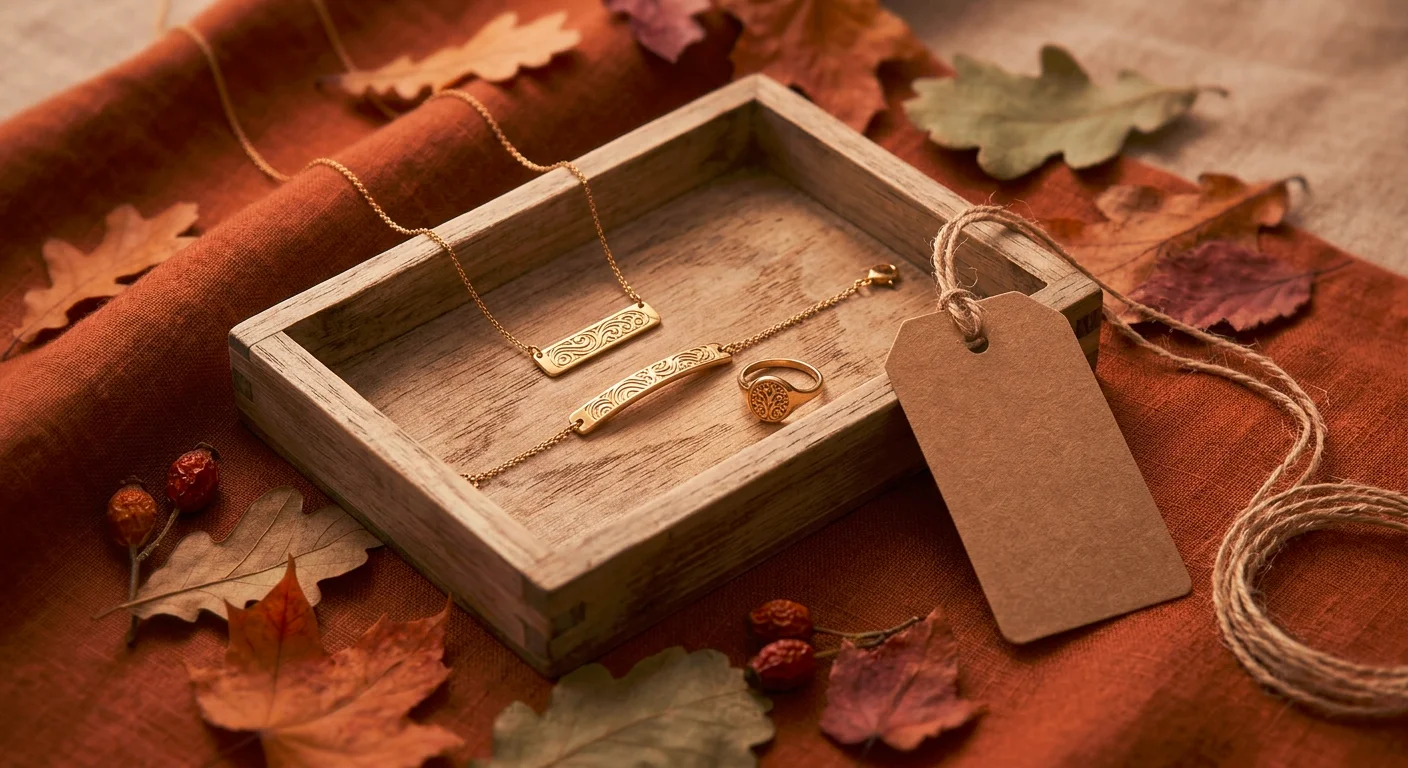 Personalized jewelry gifts for her including a nameplate necklace, engraved bracelet and signet ring on a wooden tray