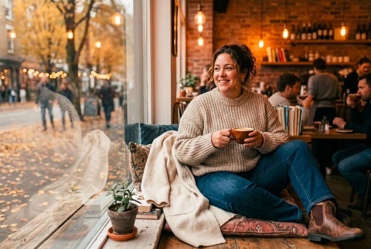 Plus size chunky knit sweater outfit with straight leg jeans and ankle boots