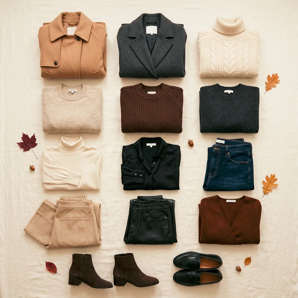 Plus size fall capsule wardrobe 2026 flat lay with neutral coats, knits, trousers and boots