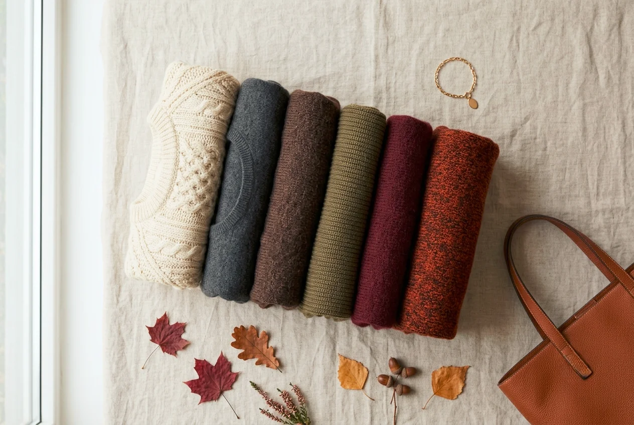 Plus size autumn color palette flat lay with cream, camel, chocolate, olive and burgundy knits