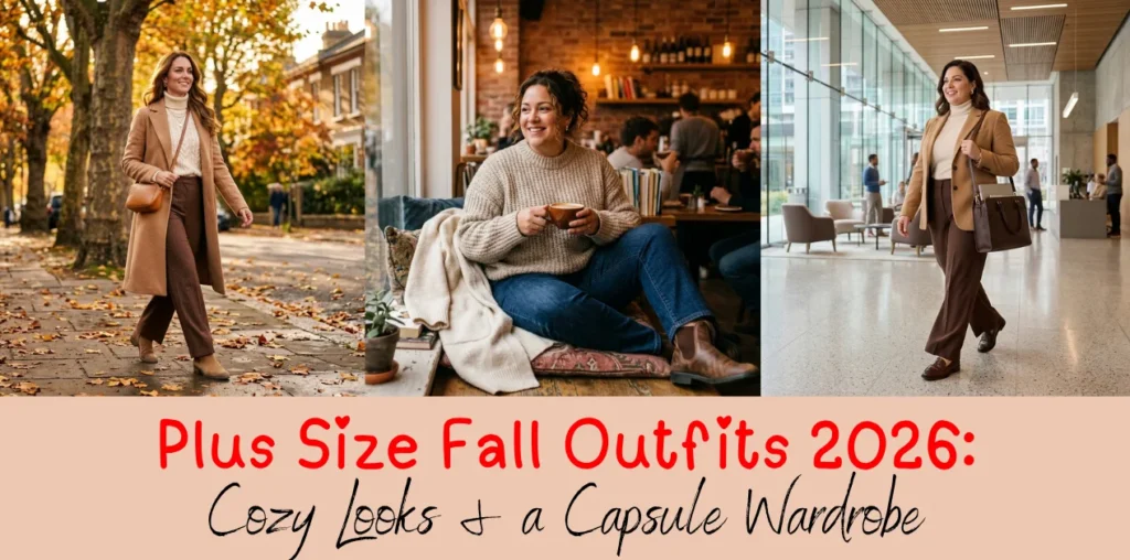 Plus size fall outfits 2026: camel coat, cream knit and brown wide leg trousers