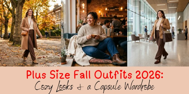Plus size fall outfits 2026: camel coat, cream knit and brown wide leg trousers