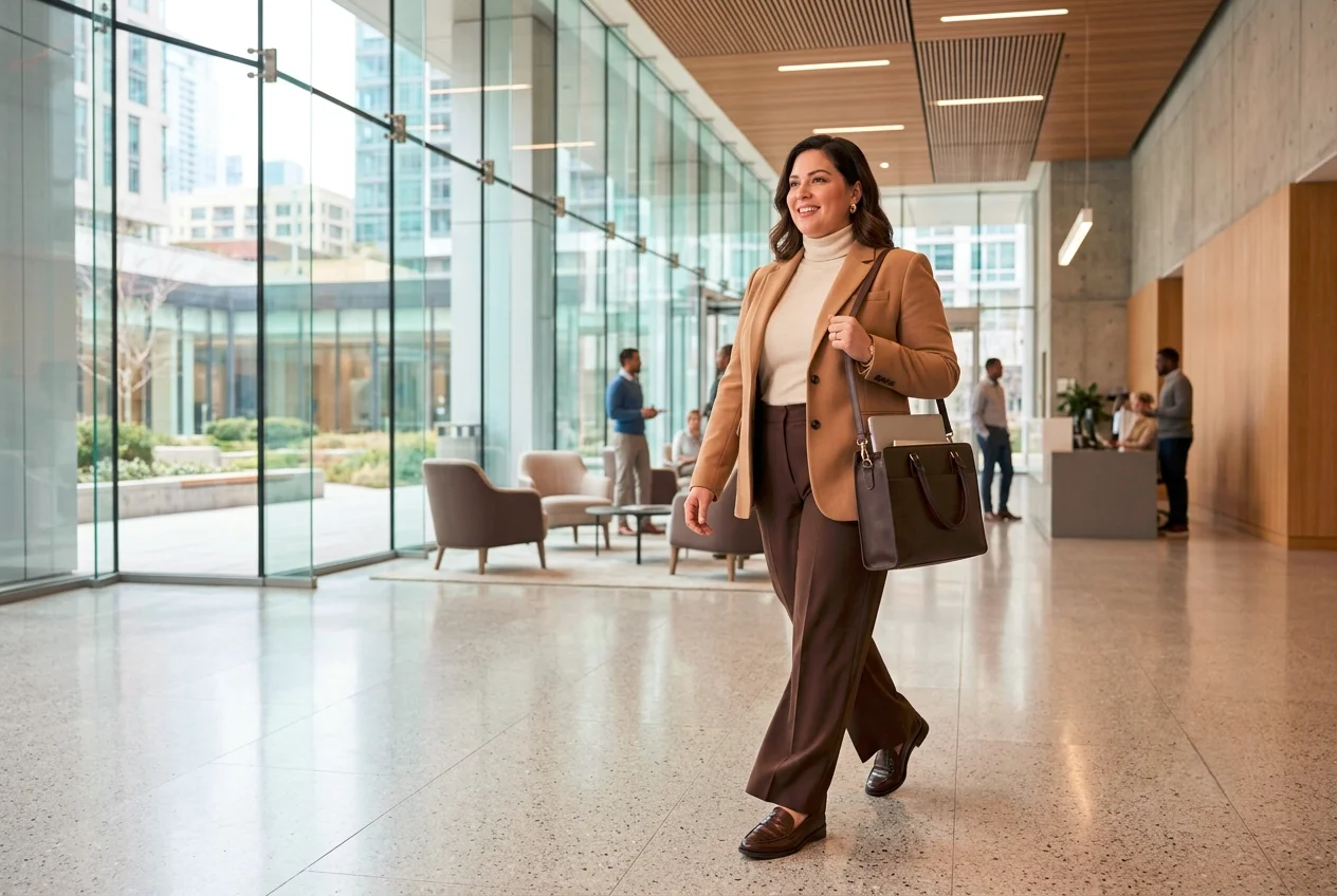 Plus size fall outfits for work: camel blazer outfit with brown wide leg trousers and loafers