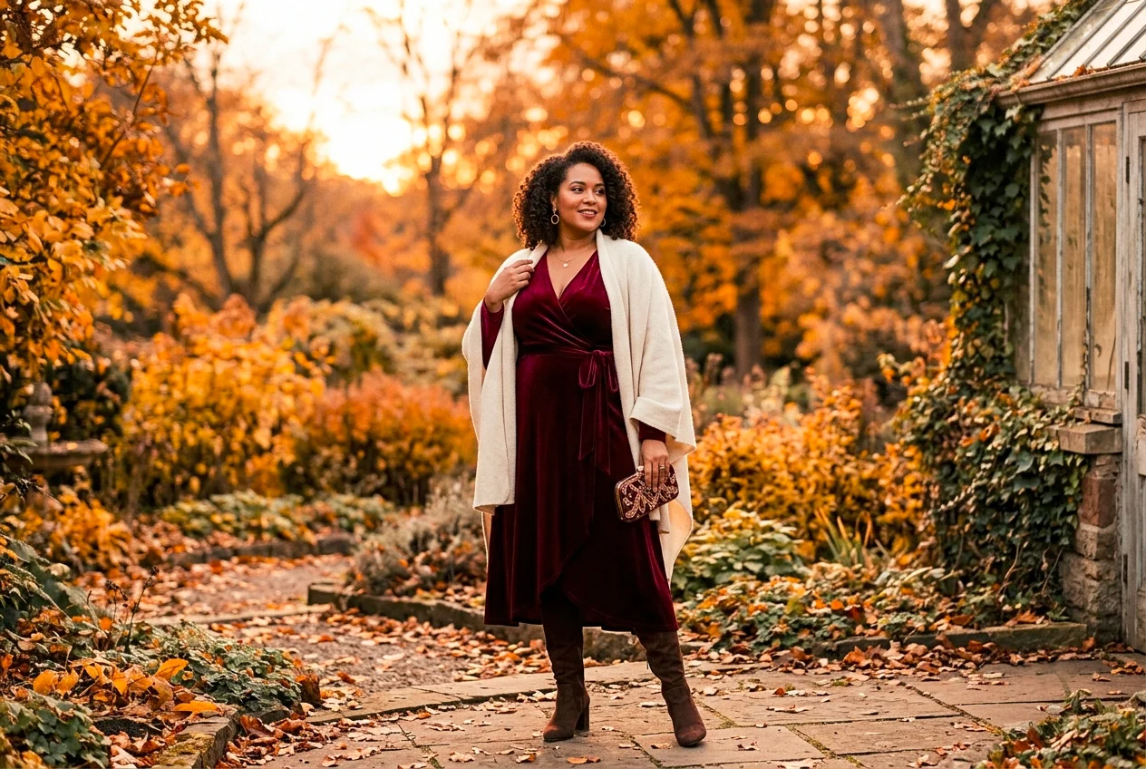 Plus size fall wedding guest outfit in a burgundy wrap midi dress with block heel boots