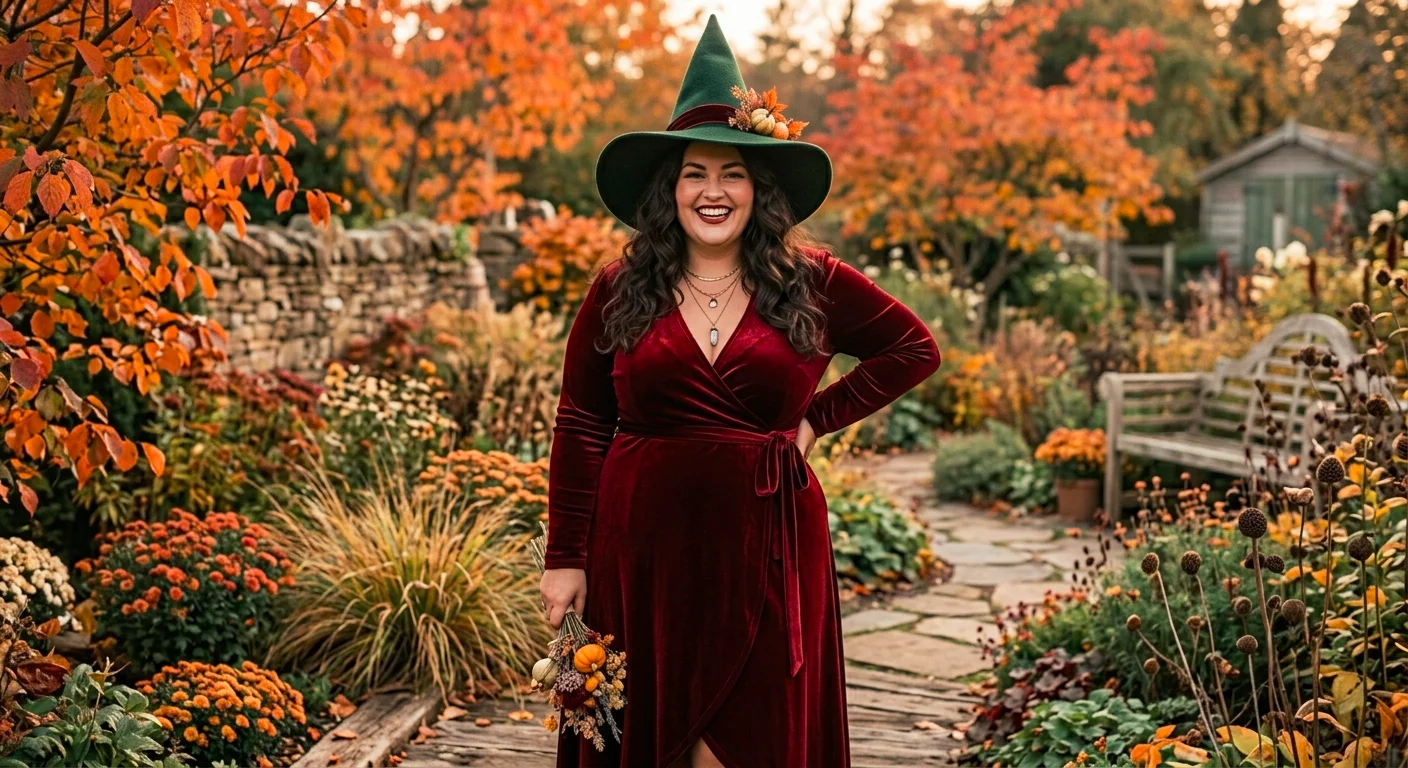 Smiling woman in a plus size Halloween costume with velvet wrap dress and witch hat