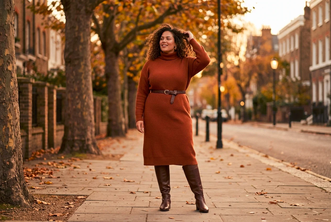 Plus size knit dress with boots in rust, styled with a skinny belt and knee-high boots