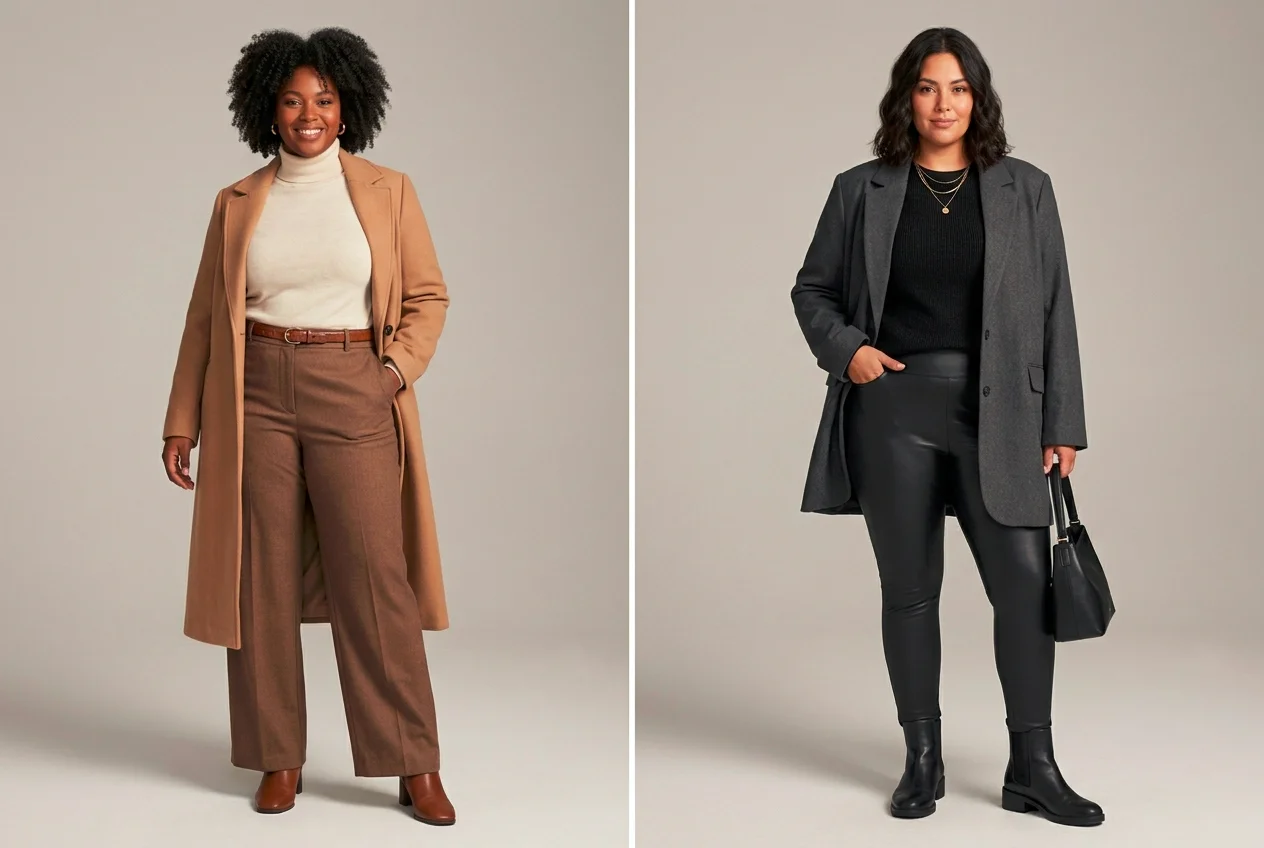 Plus size wide leg trousers outfit and plus size leather look leggings styled for fall