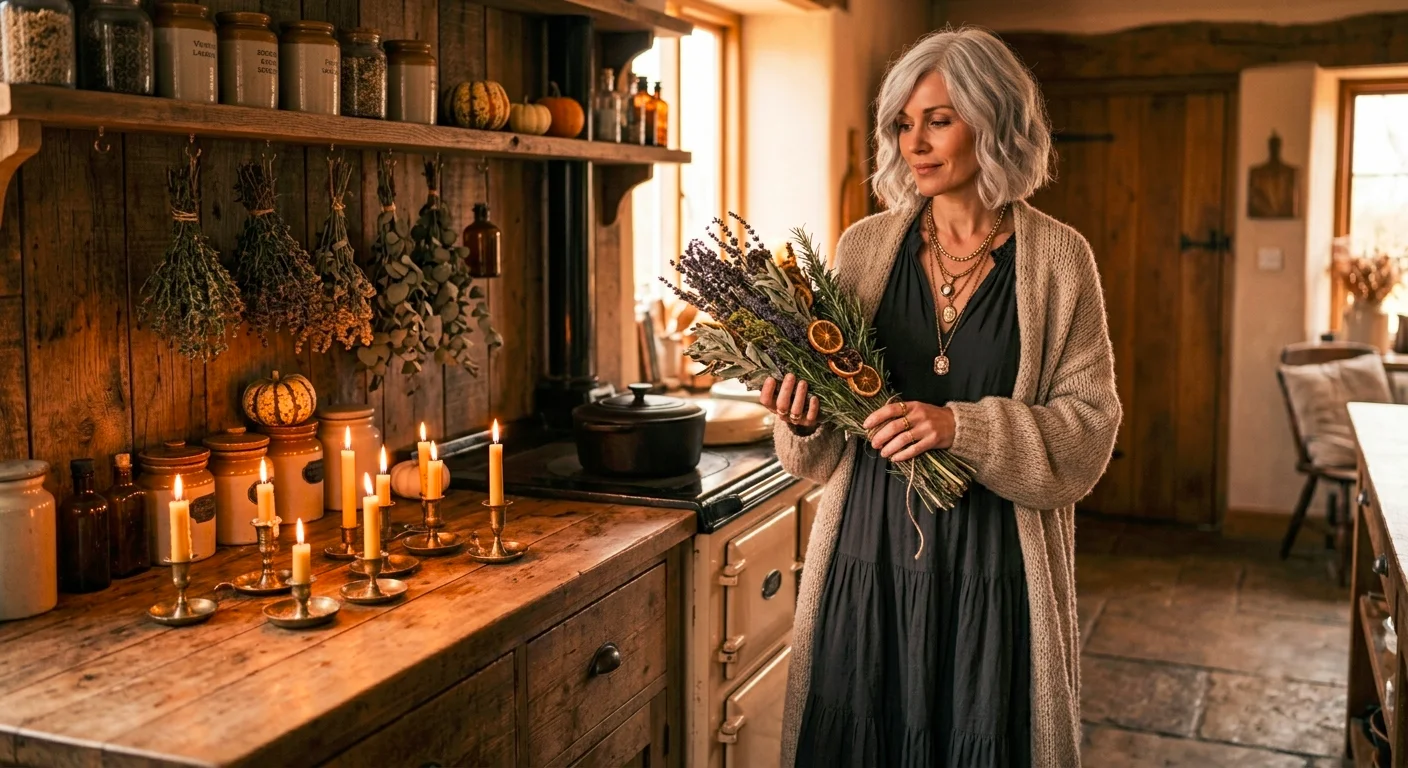 Practical Magic Halloween costume with flowy dark dress, shawl and dried herb bundle