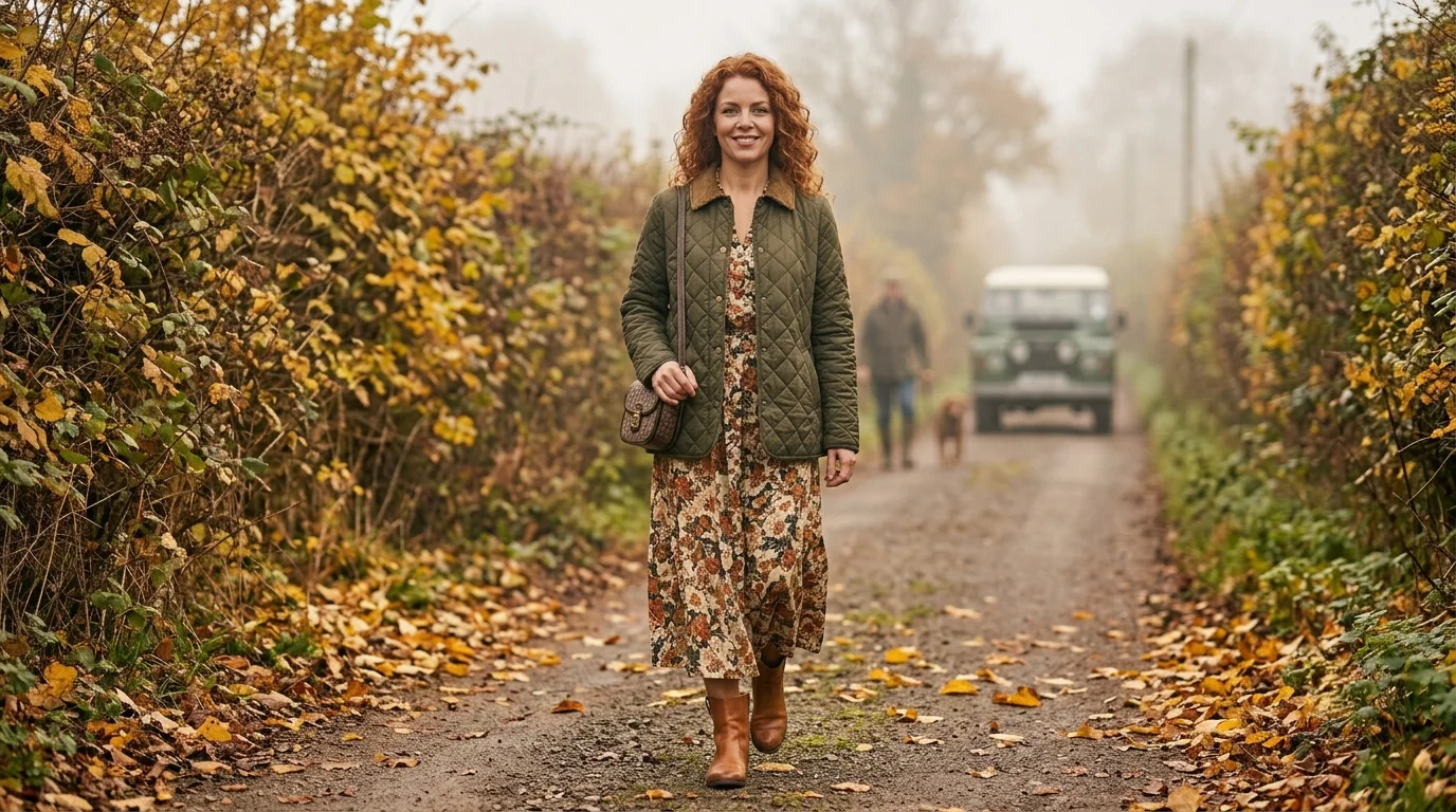 Woman in olive quilted jacket over a floral midi dress on a misty country lane, quilted jacket women fall style
