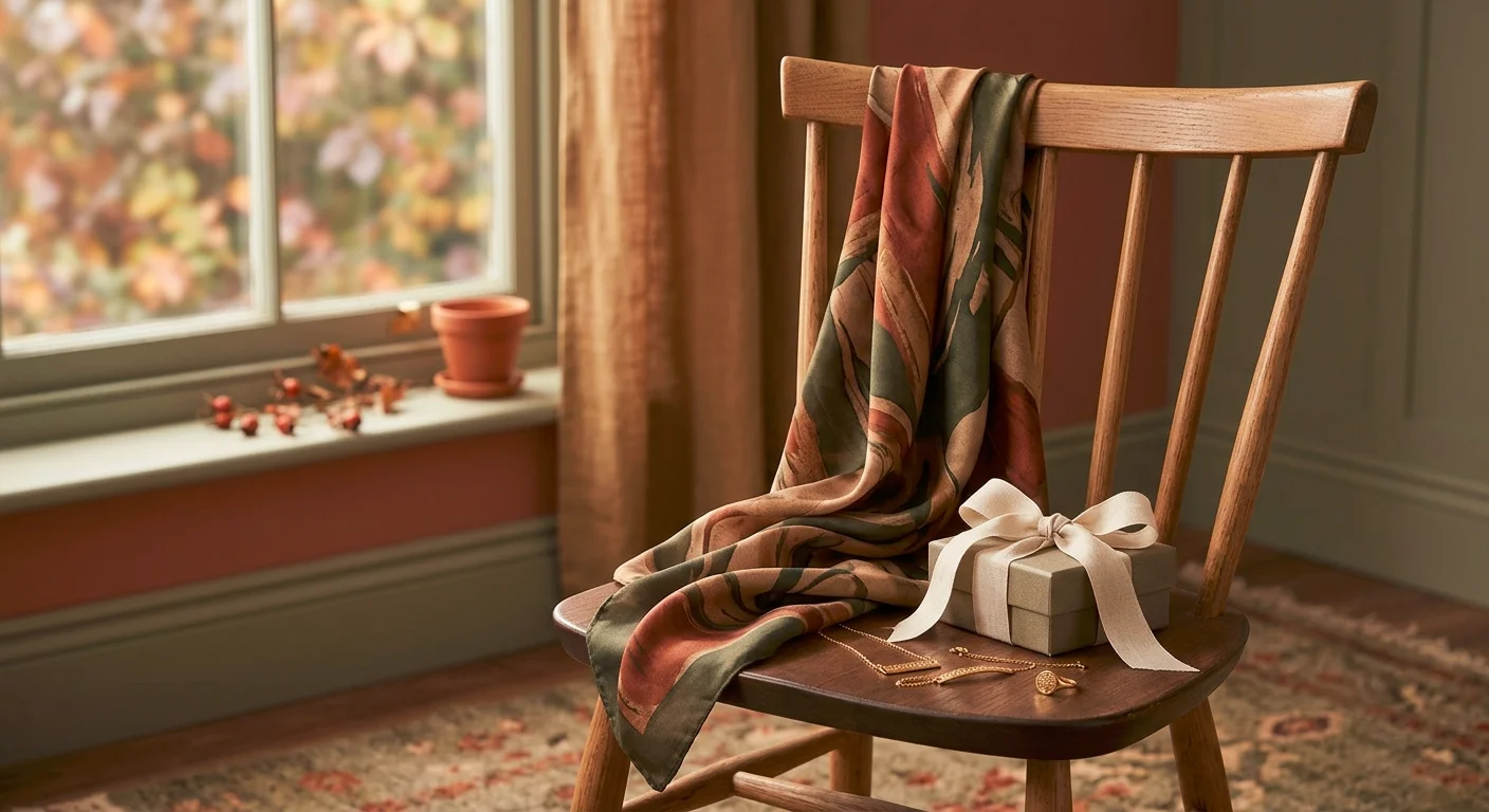 Silk scarf gift for her in rust and olive fall colors draped on a chair next to a ribbon-tied gift box