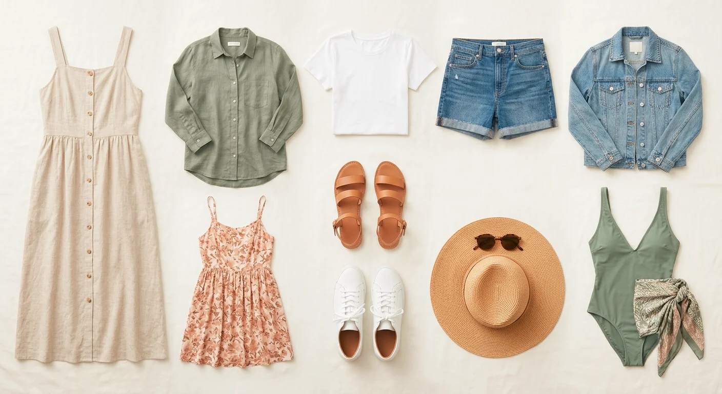 Flat lay of a ten-piece capsule wardrobe for spring outfits women in Australia: linen dress, denim shorts and sandals