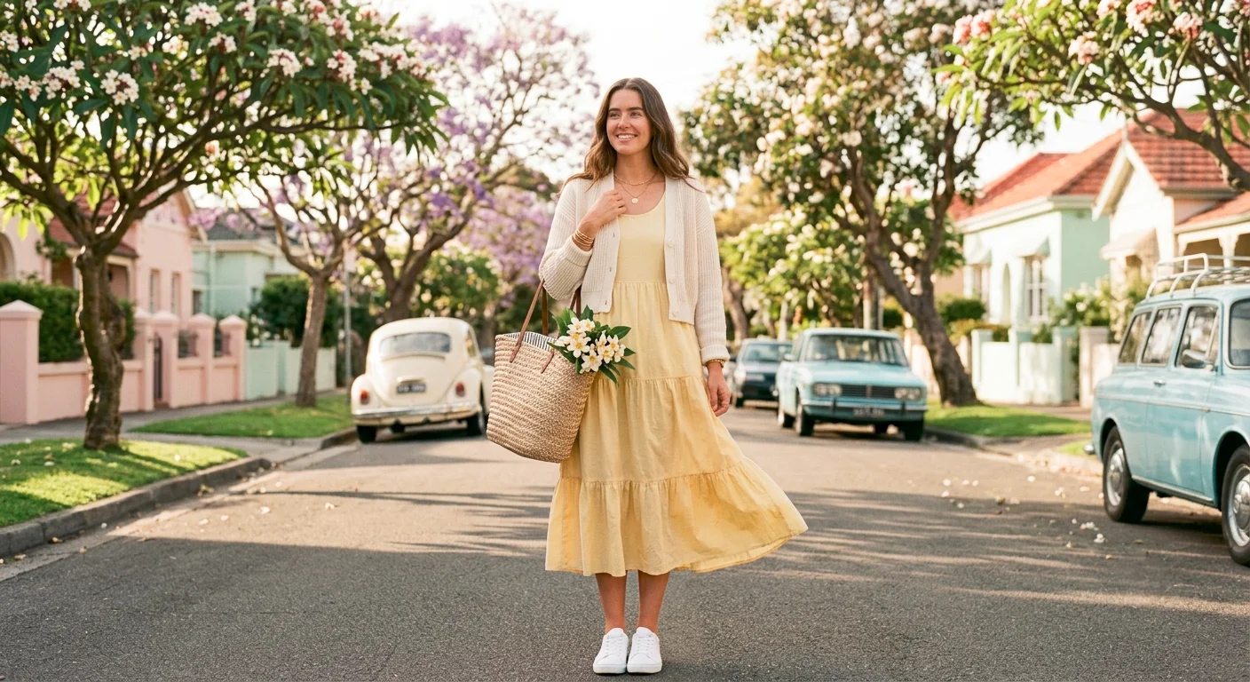 Sundress outfit ideas for spring: butter yellow tiered midi sundress with cropped cardigan and white sneakers