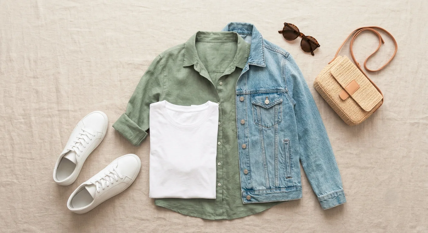 Flat lay of a white tee, linen shirt and denim jacket showing transitional outfits for warm weather in Australia