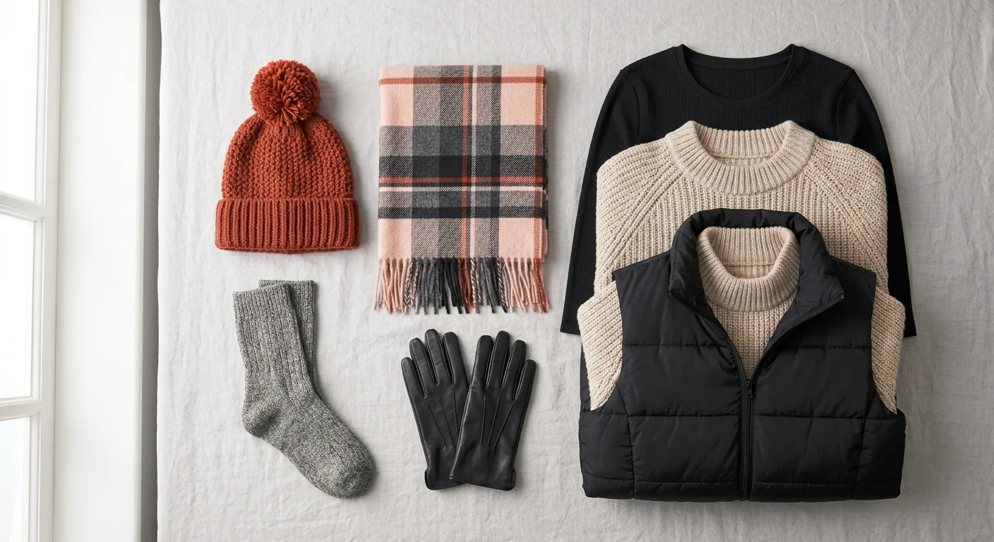 Flat lay of warm layers for standing outside: thermal top, jumper, puffer gilet, hat and gloves
