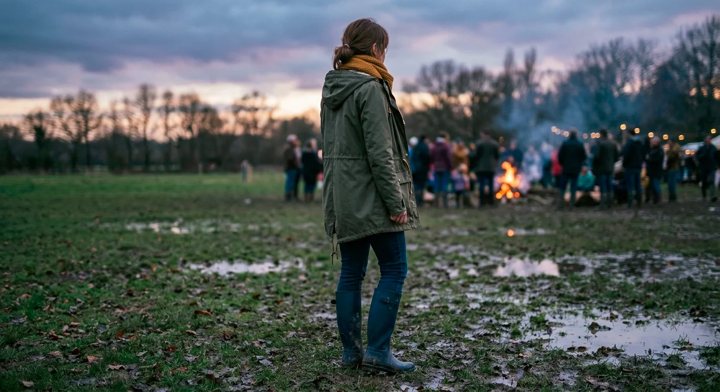 Waterproof coat for fireworks night styled with wellies for a muddy Bonfire Night field