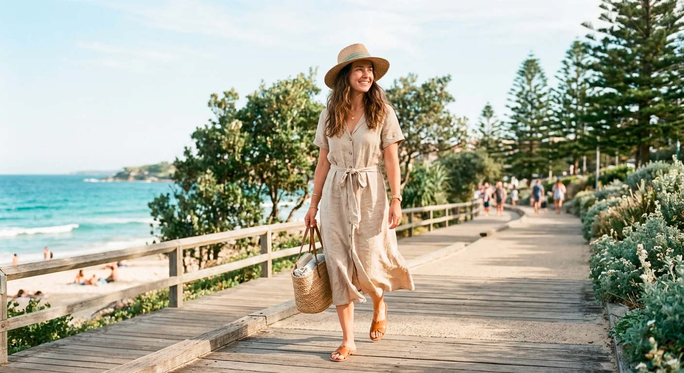 Woman in a sand linen midi dress and straw hat on an Australian beach promenade, showing what to wear in Australia in November