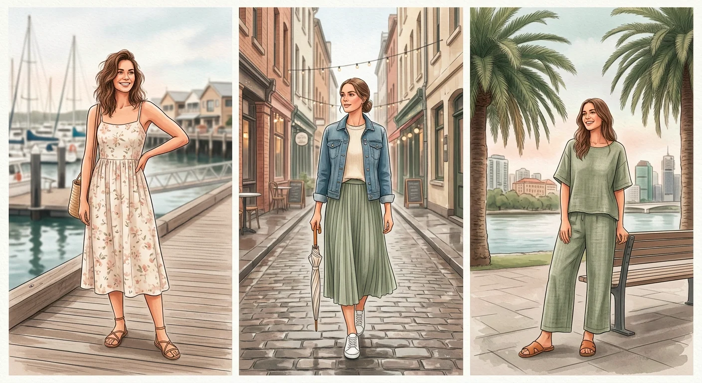 What to wear in Sydney in November, Melbourne in spring and Brisbane in November shown as three outfit looks