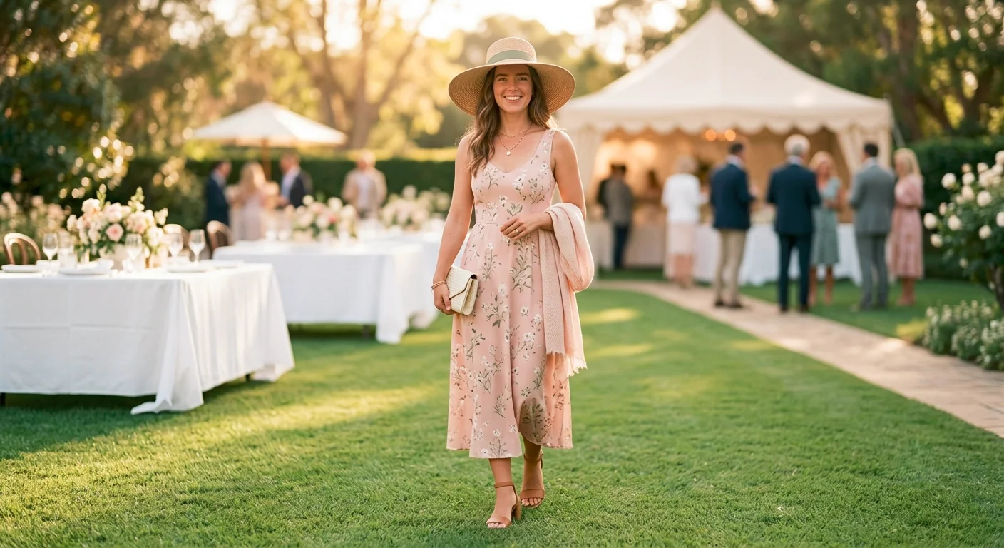 Floral midi dress with a hat and block heels, a look for a spring racing carnival or November wedding in Australia
