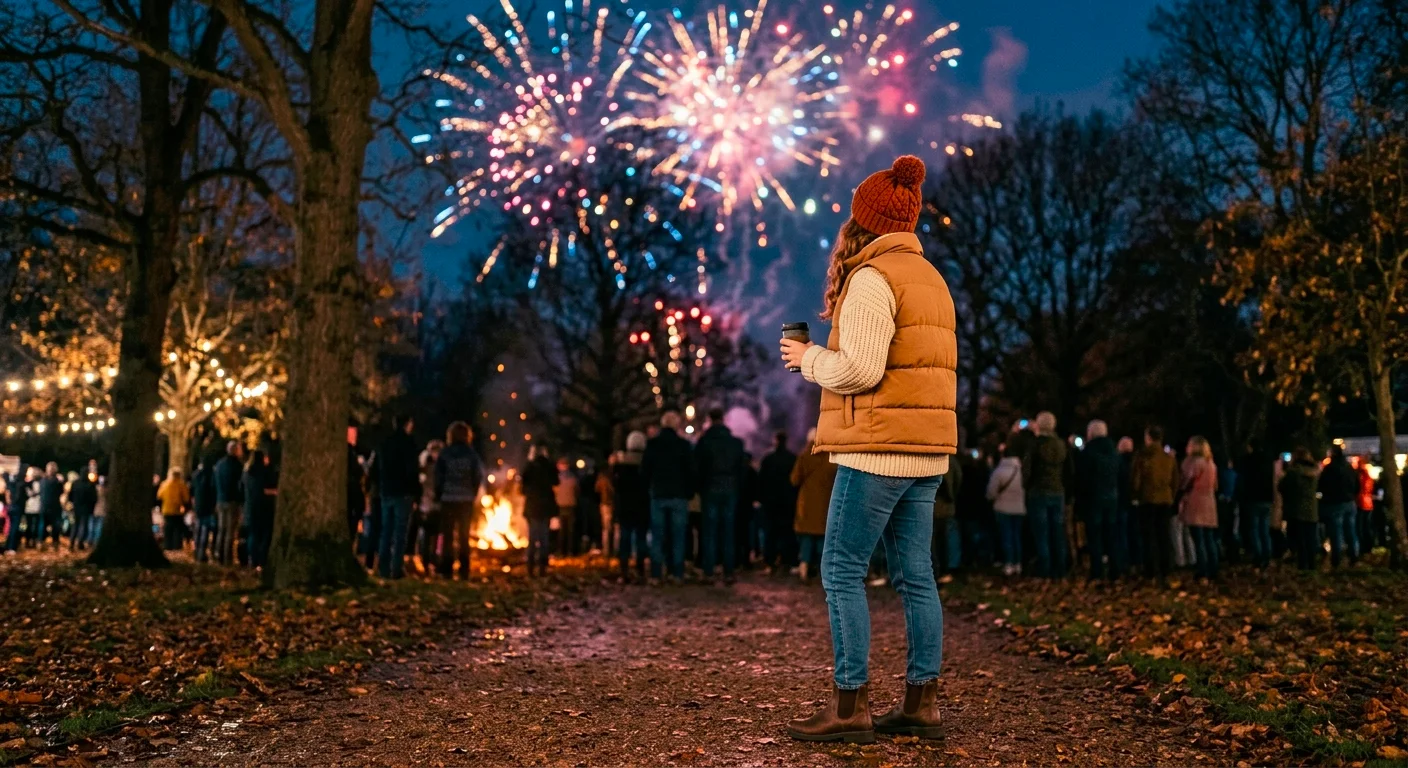 Woman in a puffer gilet and scarf watching fireworks, showing what to wear to Bonfire Night 2026